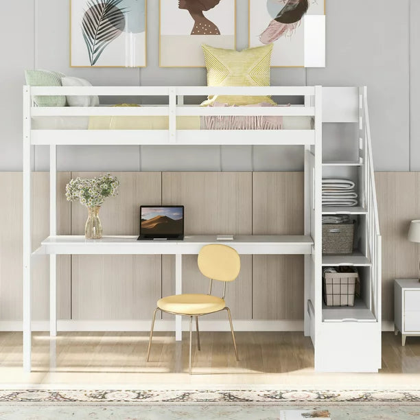 EUROCO Twin Size Loft Bed with Storage Staircase and Built-in Desk, White
