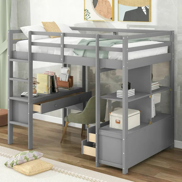 Twin Size Wood Loft Bed with Desk, Drawers and Shelf for Kids Room, Gray