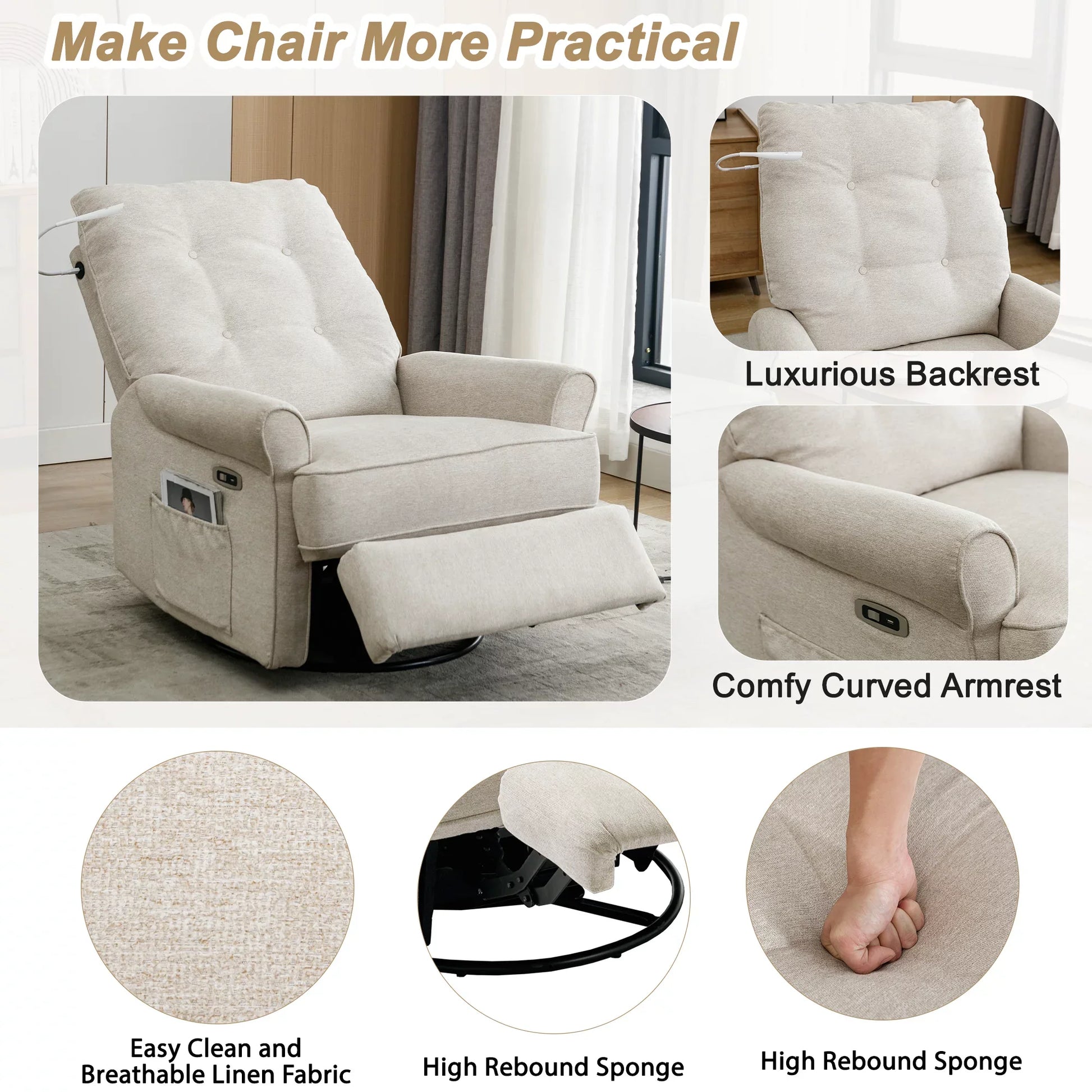EUROCO Power Lift Recliner Chair Recliners for Elderly with Touch Sensitive Lamp ,270 Degree Linen Swivel Recliner Chair for Living room with Side Pocket,USB Port,Cream