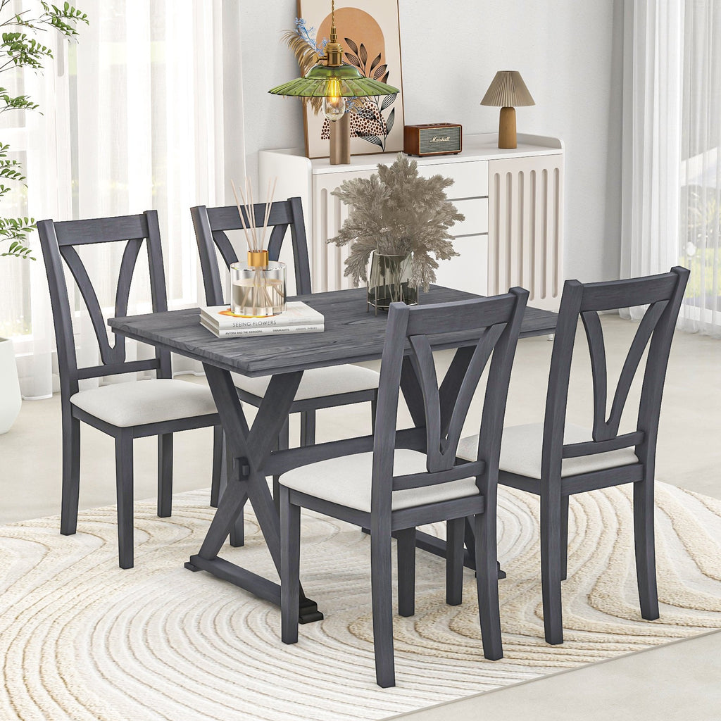 EUROCO Mid-Century Wood 5-Piece Dining Table Set with 4 Upholstered Dining Chairs for Small Places, Antique Grey