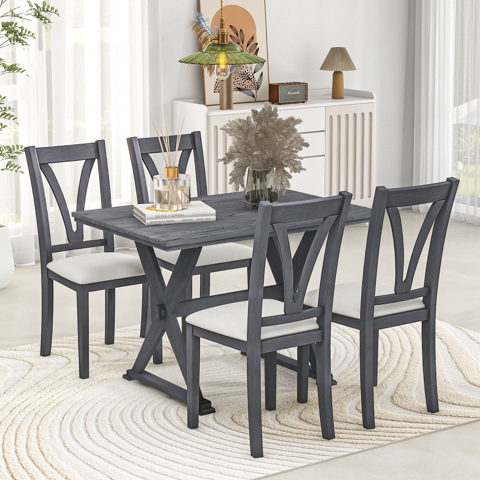 EUROCO Mid-Century Wood 5-Piece Dining Table Set with 4 Upholstered Dining Chairs for Small Places, Antique Grey