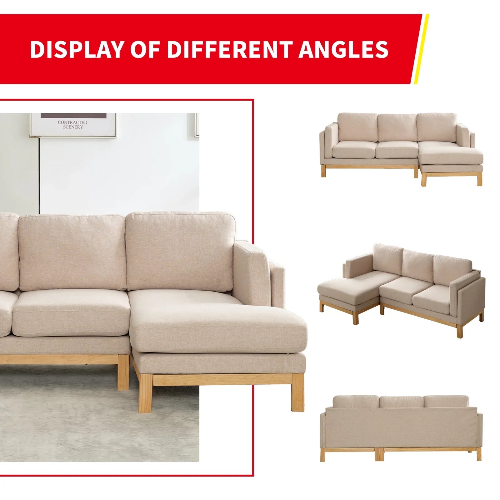 Puremind 84" Sectional Sofa Couch, L Shaped 3-Seat Small Couch for Living Room/Apartment, Modern Upholstered Linen Fabric Sofa with Wide Chaise Lounge, Beige