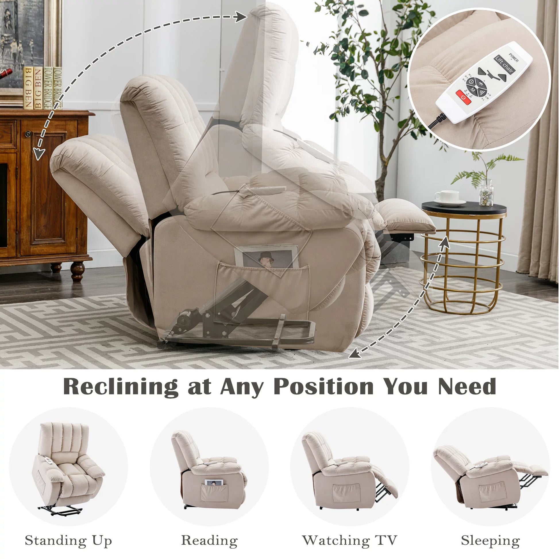 EUROCO 33.5"W Power Lift Recliner Chair Recliners for Elderly with Heat, Vibration and Massage Velvet Recliner Chair for Living room with Side Pocket,Beige