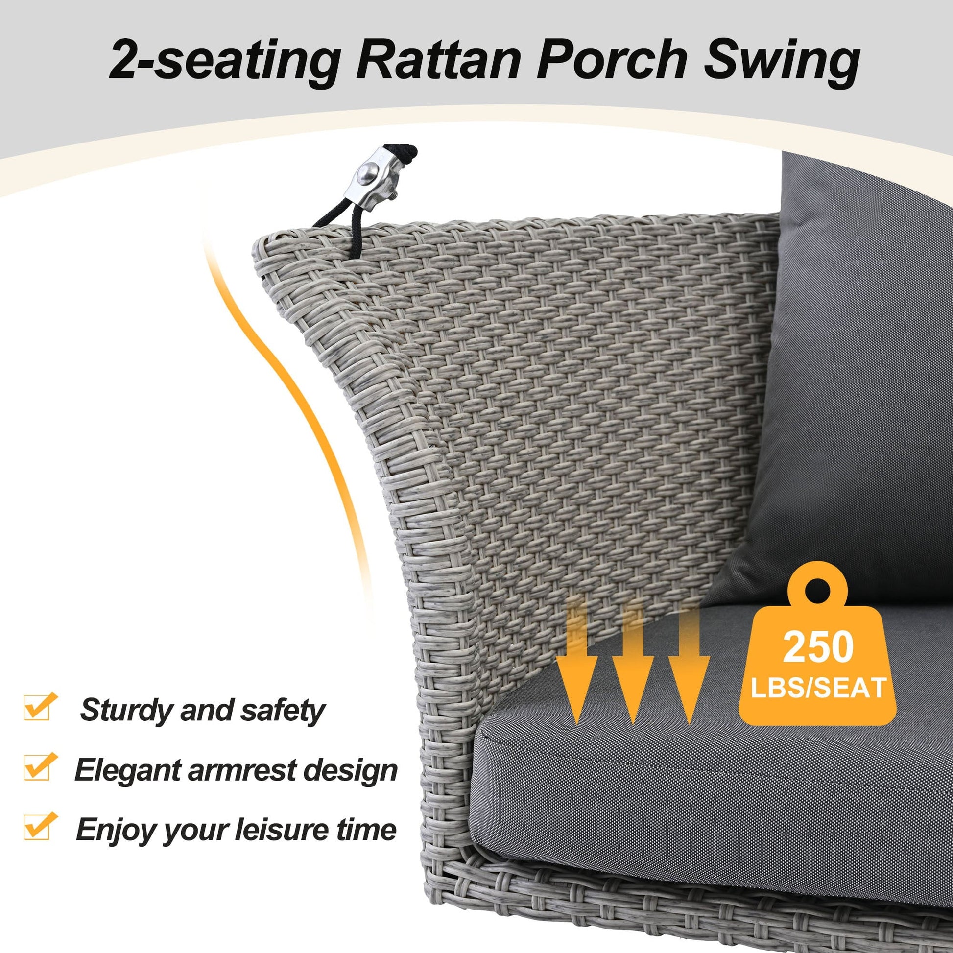Euroco 2-Person Hanging Seat, Rattan Woven Swing Chair, Porch Swing With Ropes, Gray, 52"