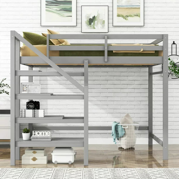 Euroco Twin Loft Bed with Shelf and Hanger for Kids Bedroom, Gray