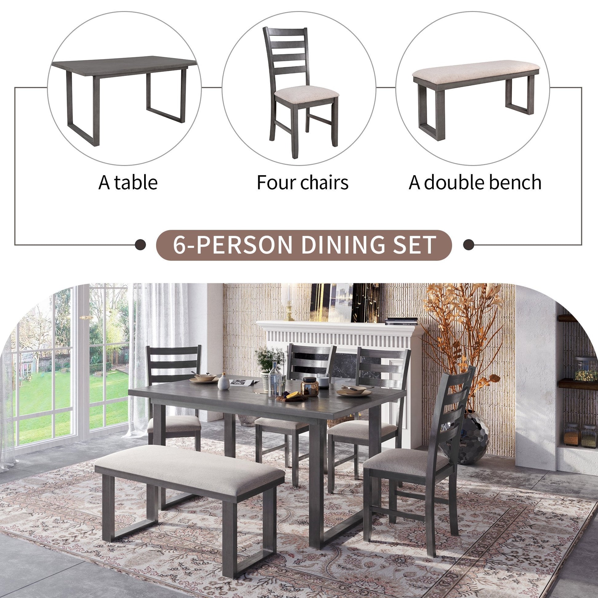 Euroco 6-Pieces Family Furniture, Solid Wood Dining Room Set with Rectangular Table & 4 Chairs with Bench(Gray)