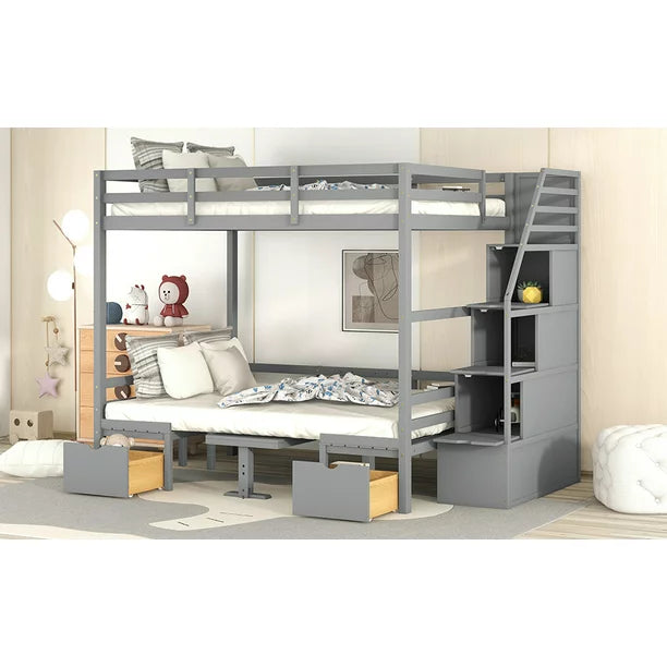 EUROCO Full Size Bunk Bed with Convertible Down Bed and Storage Staircase, Gray