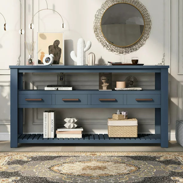 EUROCO 62.2" Long Console Table Sofa Table for Entryway with 4 Drawers and 2 Storage Shelves for Living Room Hallway Foyer Office,Navy Blue