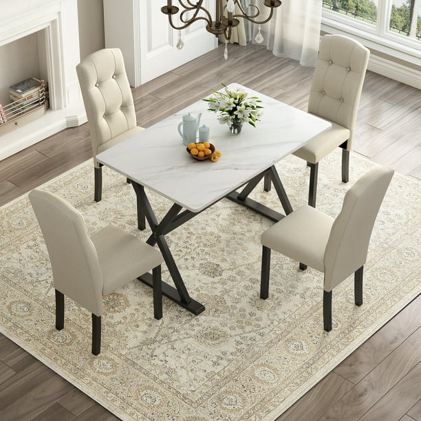 EUROCO 5-Piece Dining Table Set with Faux Marble Tabletop and Upholstered Dining Chairs for 4, Faux Marble White&Beige