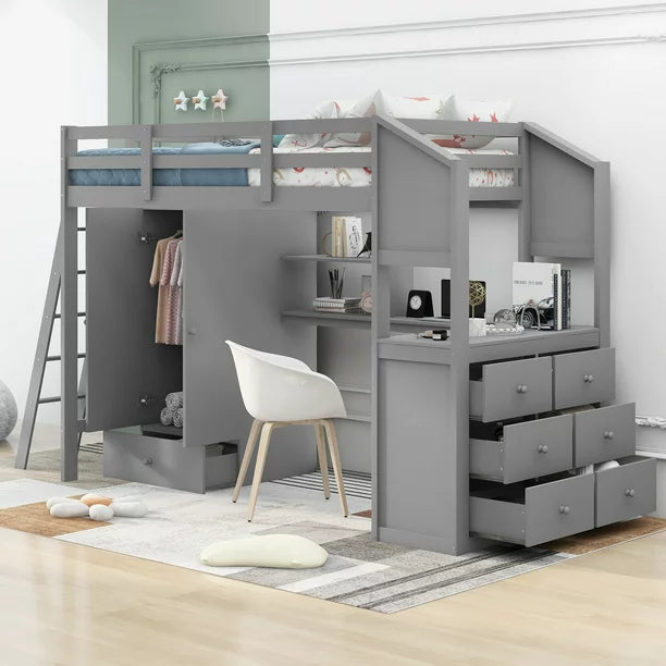 Twin Size Pine Wood Loft Bed with Two Desks, Seven Drawers and a Wardrobe for Kids Room, Gray