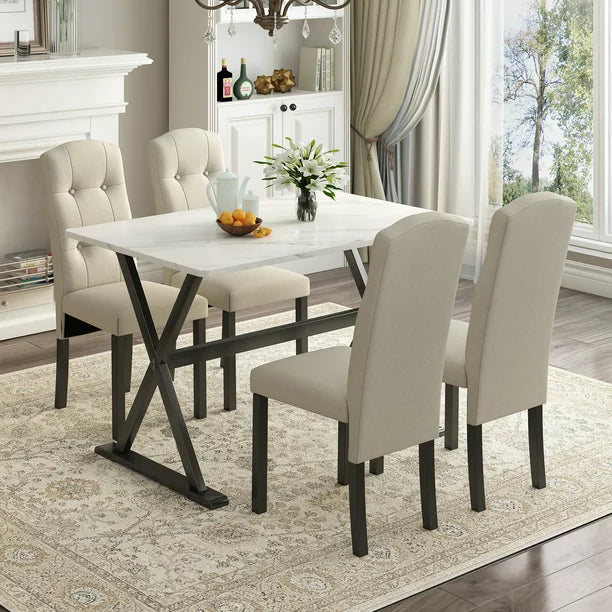 EUROCO 5-Piece Dining Table Set with Faux Marble Tabletop and Upholstered Dining Chairs for 4, Faux Marble White&Beige