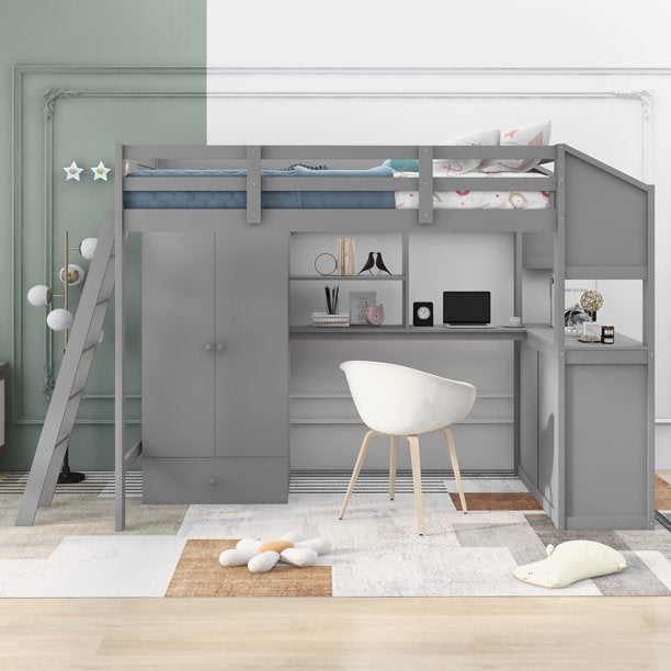 Twin Size Pine Wood Loft Bed with Two Desks, Seven Drawers and a Wardrobe for Kids Room, Gray