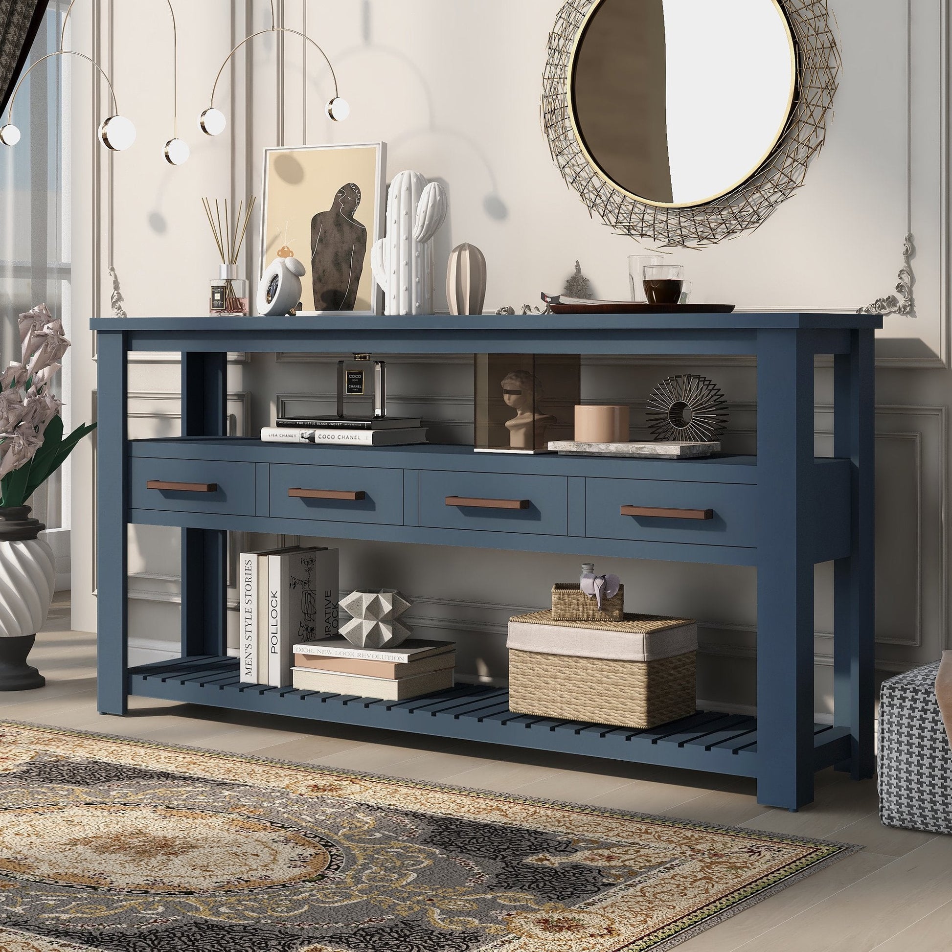 EUROCO 62.2" Long Console Table Sofa Table for Entryway with 4 Drawers and 2 Storage Shelves for Living Room Hallway Foyer Office,Navy Blue