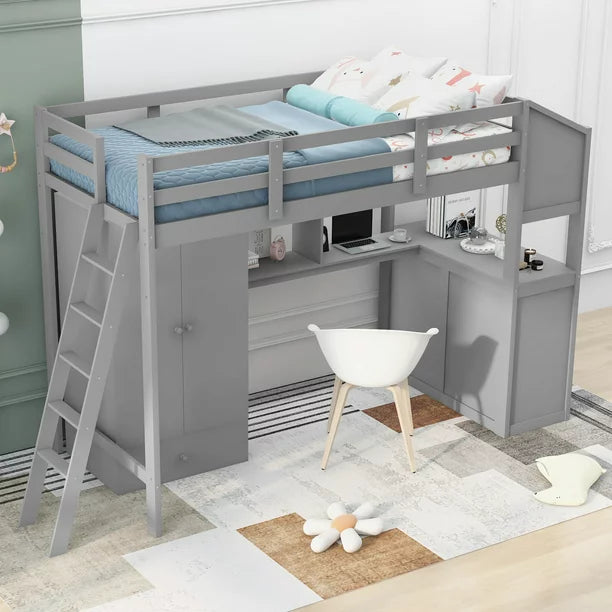 Twin Size Pine Wood Loft Bed with Two Desks, Seven Drawers and a Wardrobe for Kids Room, Gray