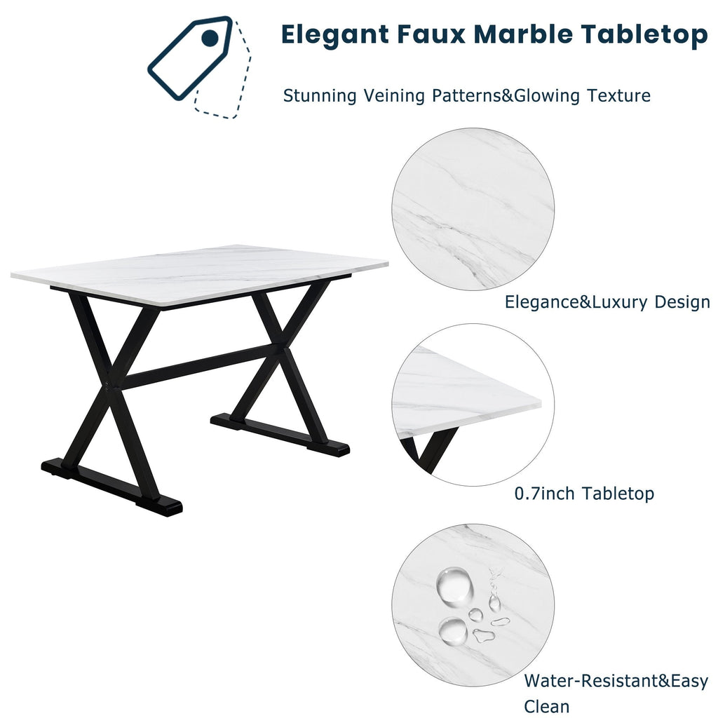 EUROCO 5-Piece Dining Table Set with Faux Marble Tabletop and Upholstered Dining Chairs for 4, Faux Marble White&Beige