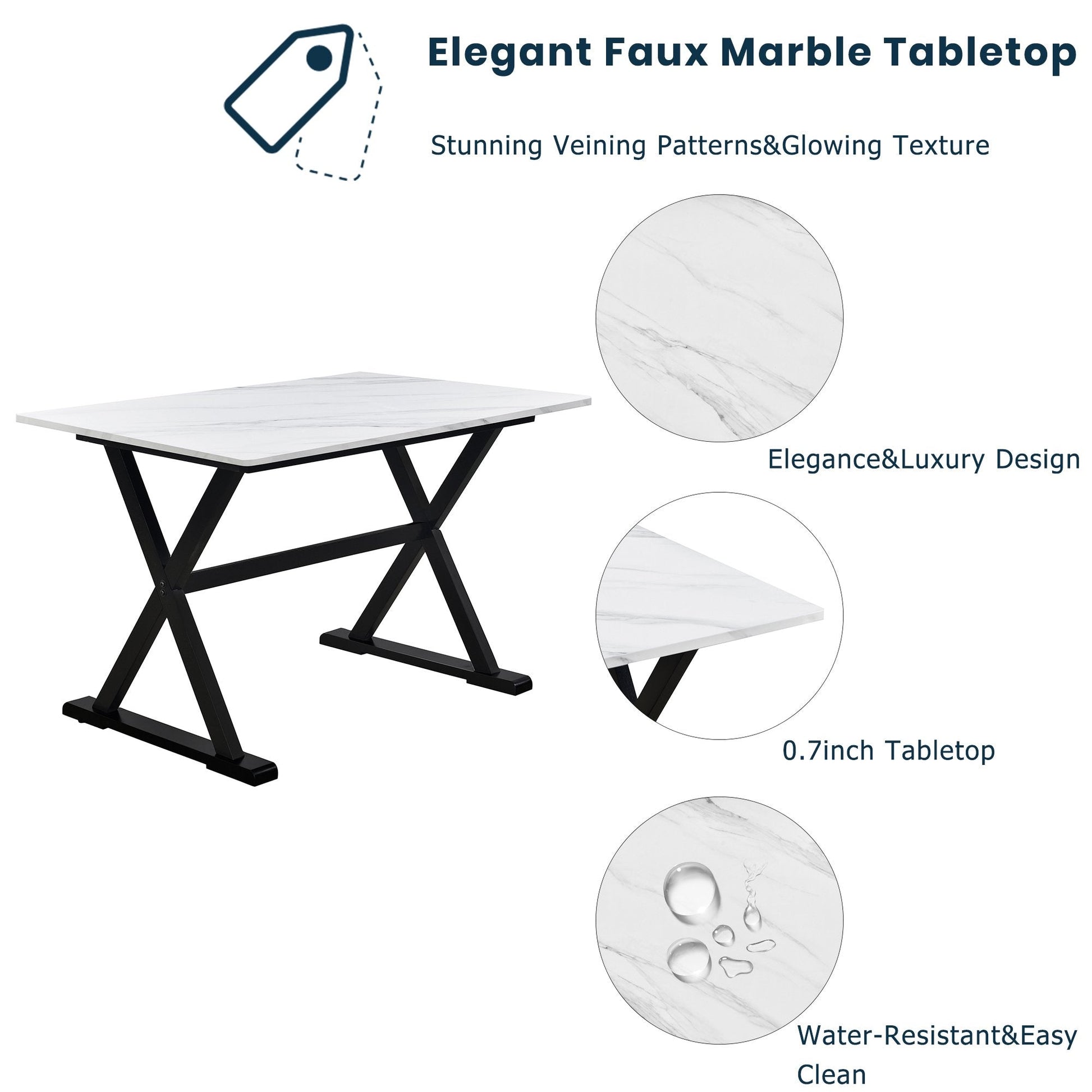 EUROCO 5-Piece Dining Table Set with Faux Marble Tabletop and Upholstered Dining Chairs for 4, Faux Marble White&Beige