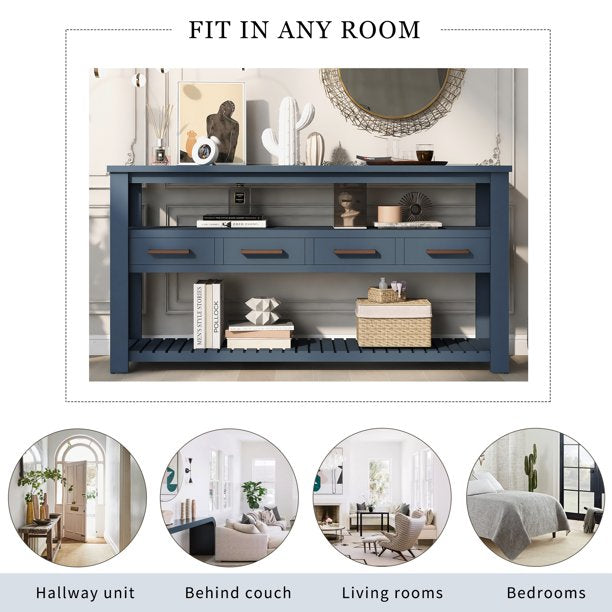 EUROCO 62.2" Long Console Table Sofa Table for Entryway with 4 Drawers and 2 Storage Shelves for Living Room Hallway Foyer Office,Navy Blue