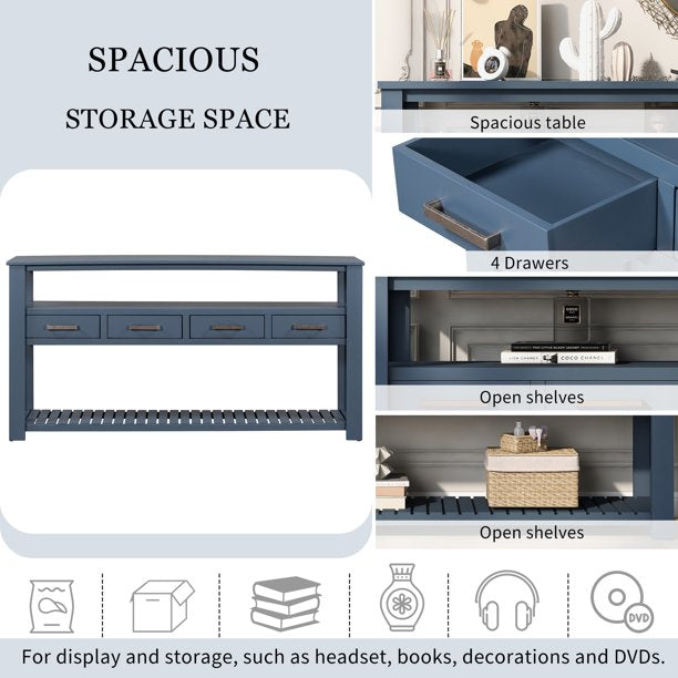 EUROCO 62.2" Long Console Table Sofa Table for Entryway with 4 Drawers and 2 Storage Shelves for Living Room Hallway Foyer Office,Navy Blue