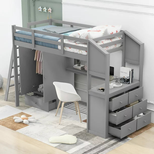 Twin Size Pine Wood Loft Bed with Two Desks, Seven Drawers and a Wardrobe for Kids Room, Gray