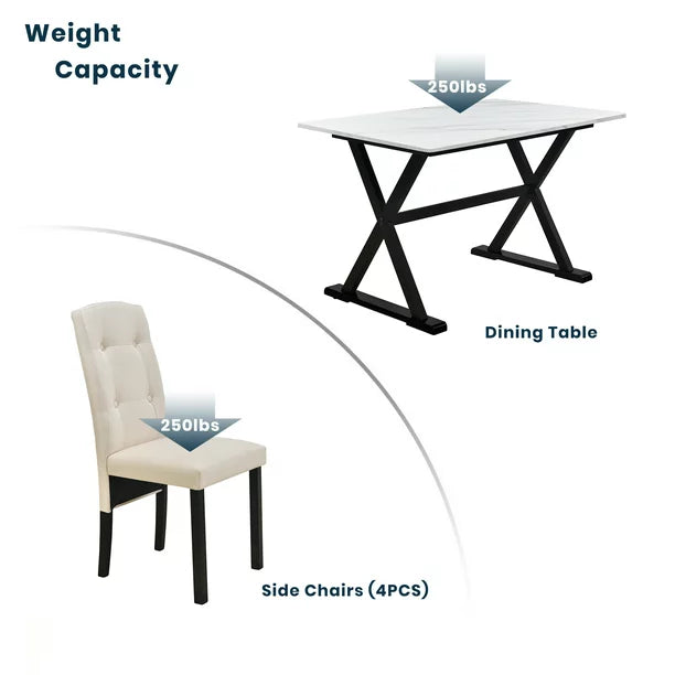EUROCO 5-Piece Dining Table Set with Faux Marble Tabletop and Upholstered Dining Chairs for 4, Faux Marble White&Beige