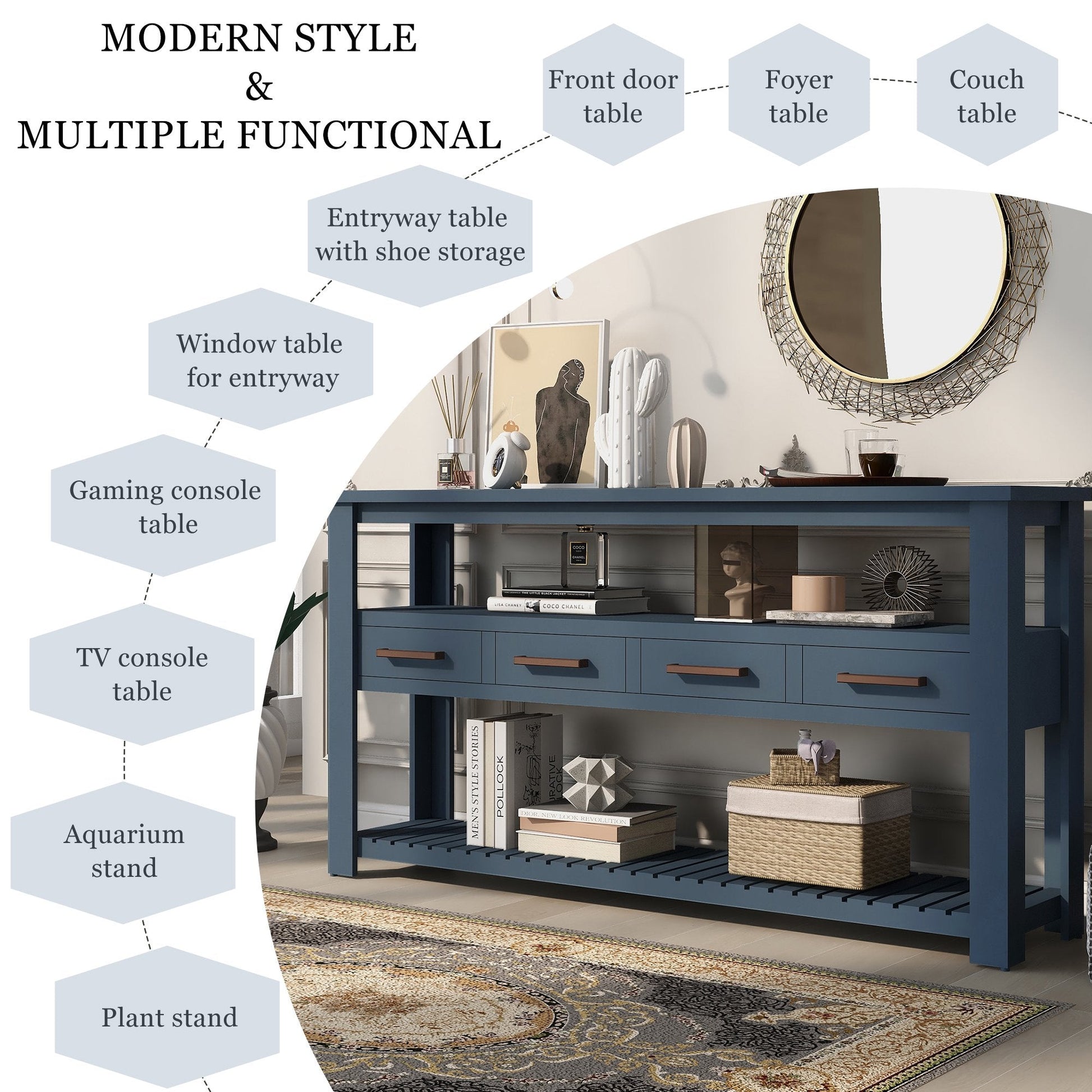 EUROCO 62.2" Long Console Table Sofa Table for Entryway with 4 Drawers and 2 Storage Shelves for Living Room Hallway Foyer Office,Navy Blue