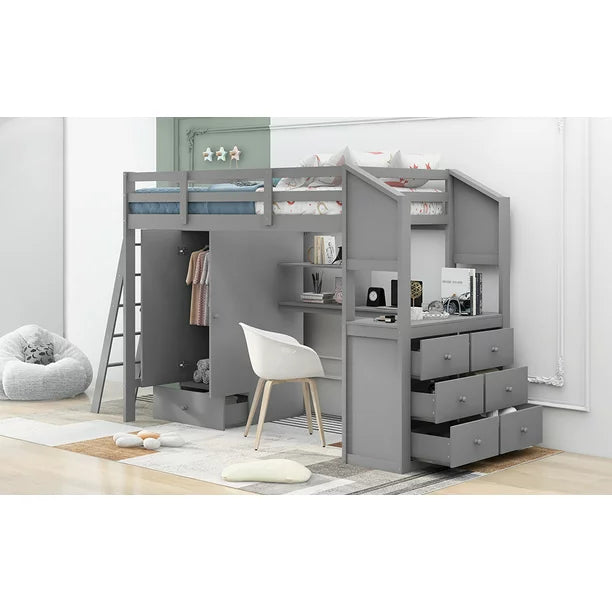 Twin Size Pine Wood Loft Bed with Two Desks, Seven Drawers and a Wardrobe for Kids Room, Gray