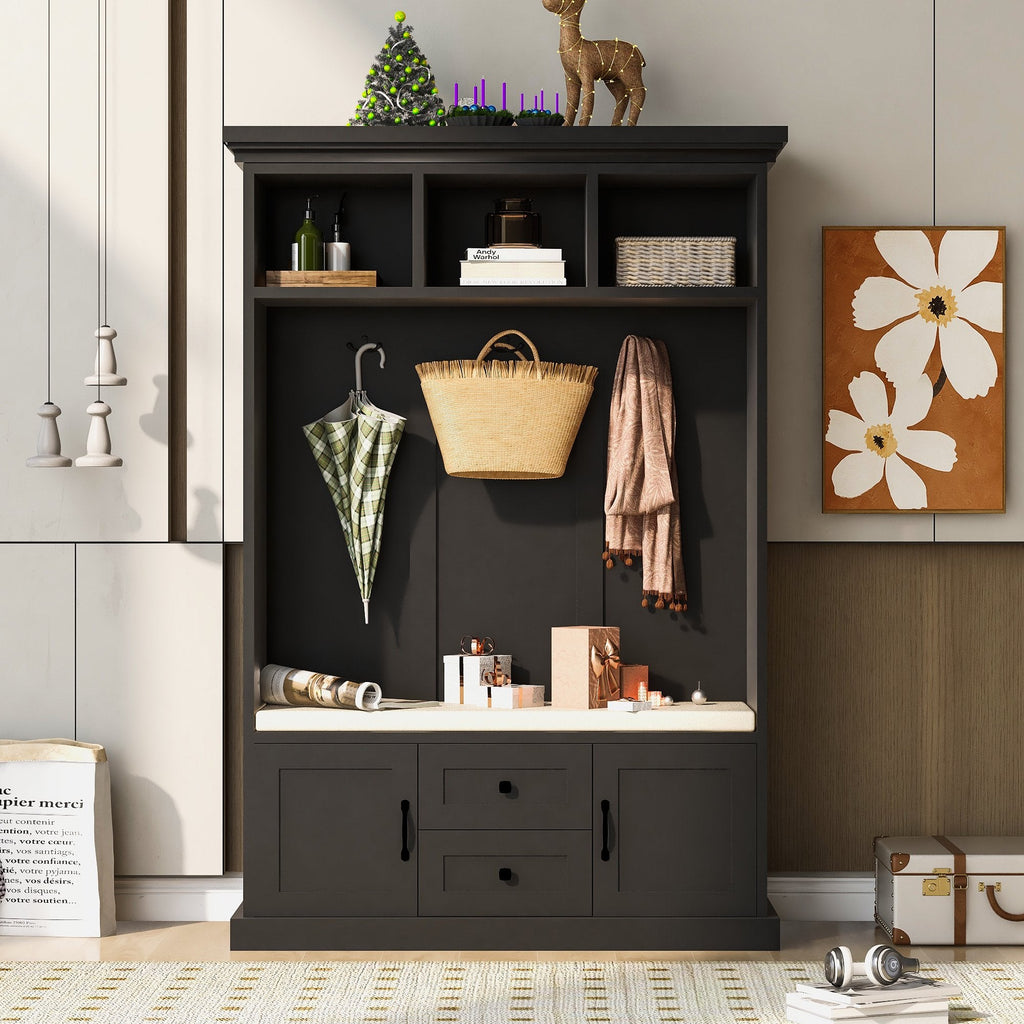 EUROCO 47.2"W Large Entryway Hall Tree with Storage Bench and Coat Rack, 3 Hooks, 3 Shelves for Hallway Living Room Bedroom Home,Black