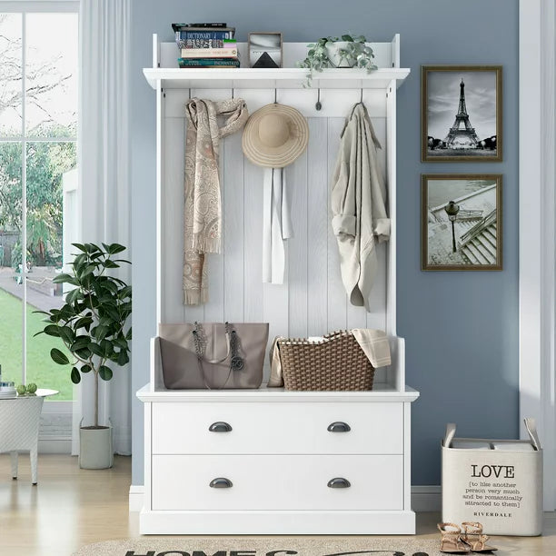 EUROCO 75" Large Entryway Hall Tree with Storage Bench and Coat Rack, 5 Hooks, 2 Drawers for Hallway Living Room Bedroom Home,White