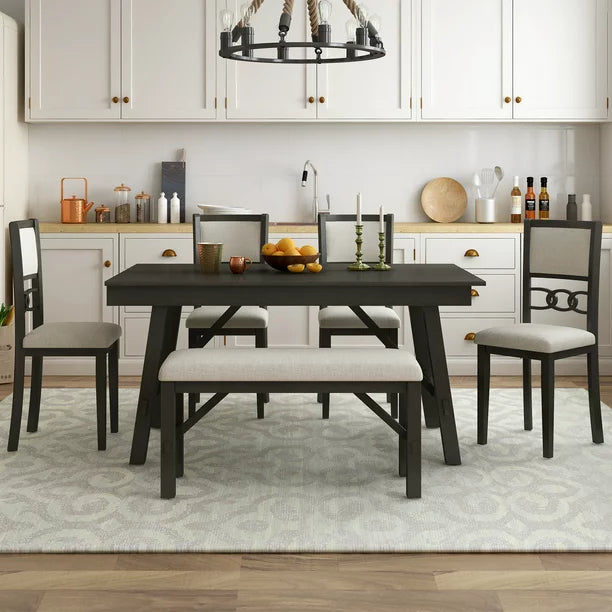 EUROCO Farmhouse Solid Wood 6-Piece Dining Table Set Rectangular Kitchen Table Set with Upholstered Chairs and Bench, Espresso