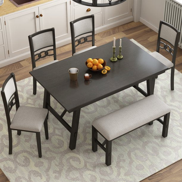 EUROCO Farmhouse Solid Wood 6-Piece Dining Table Set Rectangular Kitchen Table Set with Upholstered Chairs and Bench, Espresso