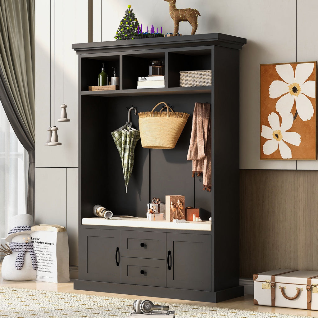 EUROCO 47.2"W Large Entryway Hall Tree with Storage Bench and Coat Rack, 3 Hooks, 3 Shelves for Hallway Living Room Bedroom Home,Black