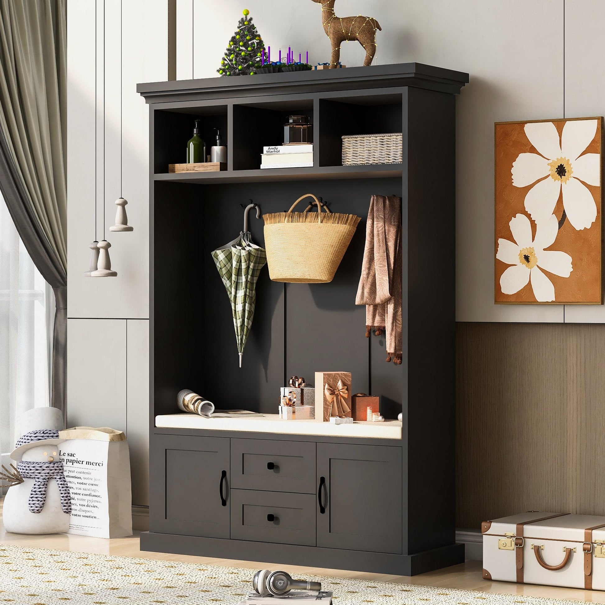 EUROCO 47.2"W Large Entryway Hall Tree with Storage Bench and Coat Rack, 3 Hooks, 3 Shelves for Hallway Living Room Bedroom Home,Black