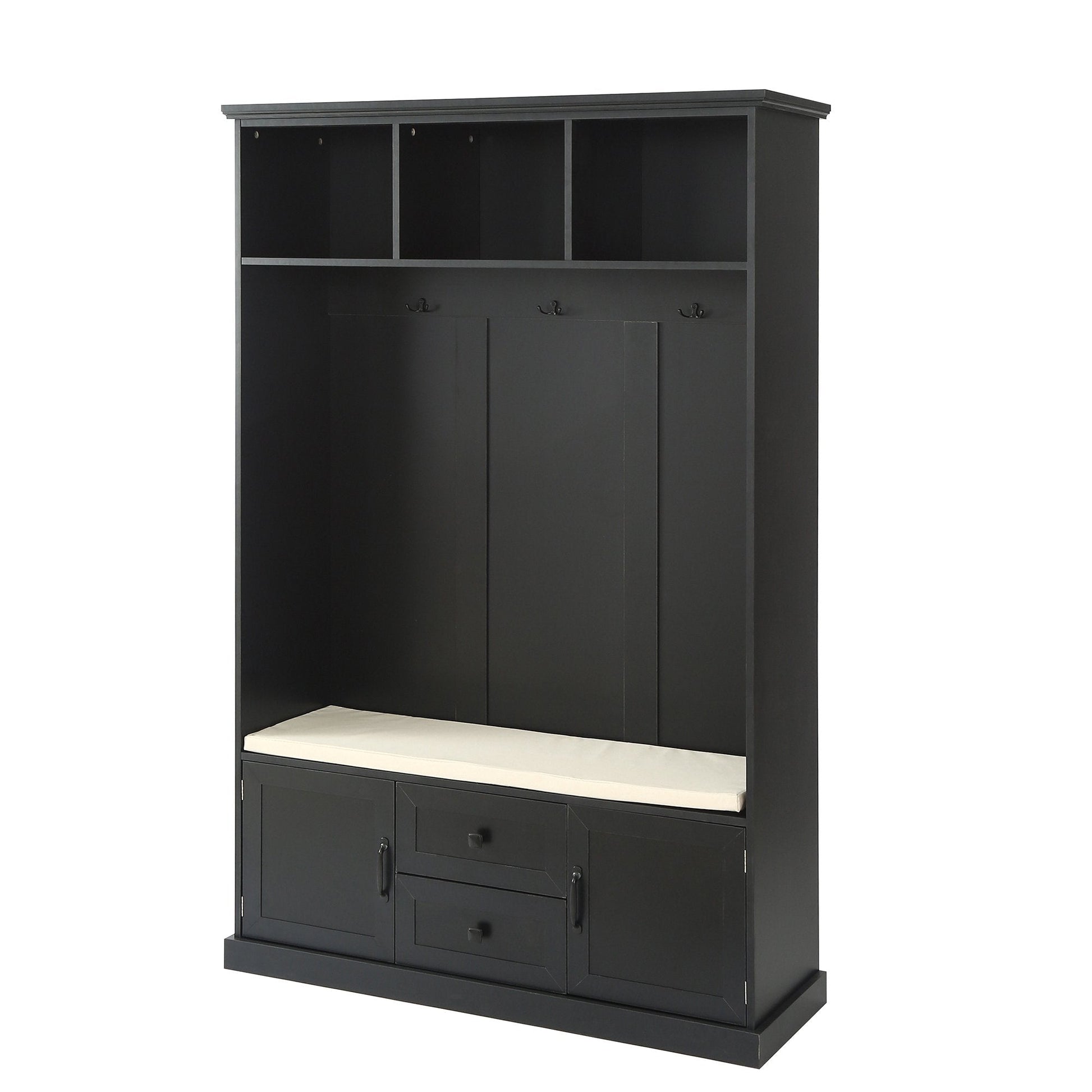 EUROCO 47.2"W Large Entryway Hall Tree with Storage Bench and Coat Rack, 3 Hooks, 3 Shelves for Hallway Living Room Bedroom Home,Black