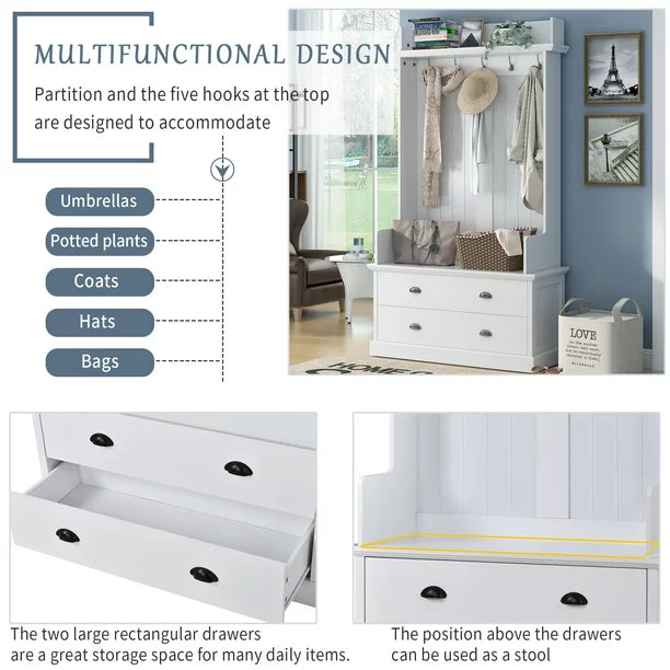 EUROCO 75" Large Entryway Hall Tree with Storage Bench and Coat Rack, 5 Hooks, 2 Drawers for Hallway Living Room Bedroom Home,White