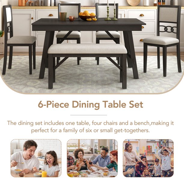 EUROCO Farmhouse Solid Wood 6-Piece Dining Table Set Rectangular Kitchen Table Set with Upholstered Chairs and Bench, Espresso