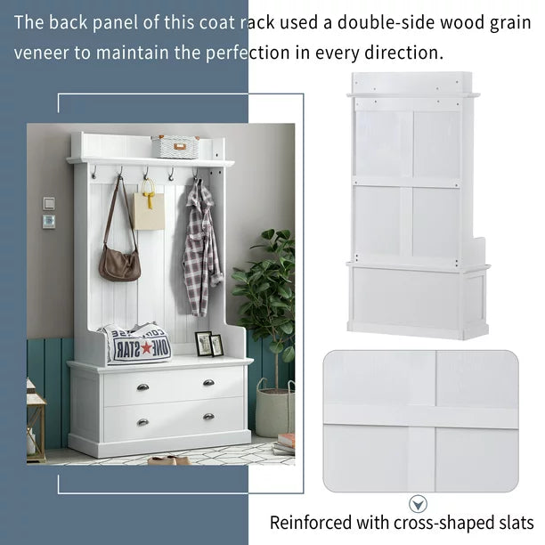 EUROCO 75" Large Entryway Hall Tree with Storage Bench and Coat Rack, 5 Hooks, 2 Drawers for Hallway Living Room Bedroom Home,White