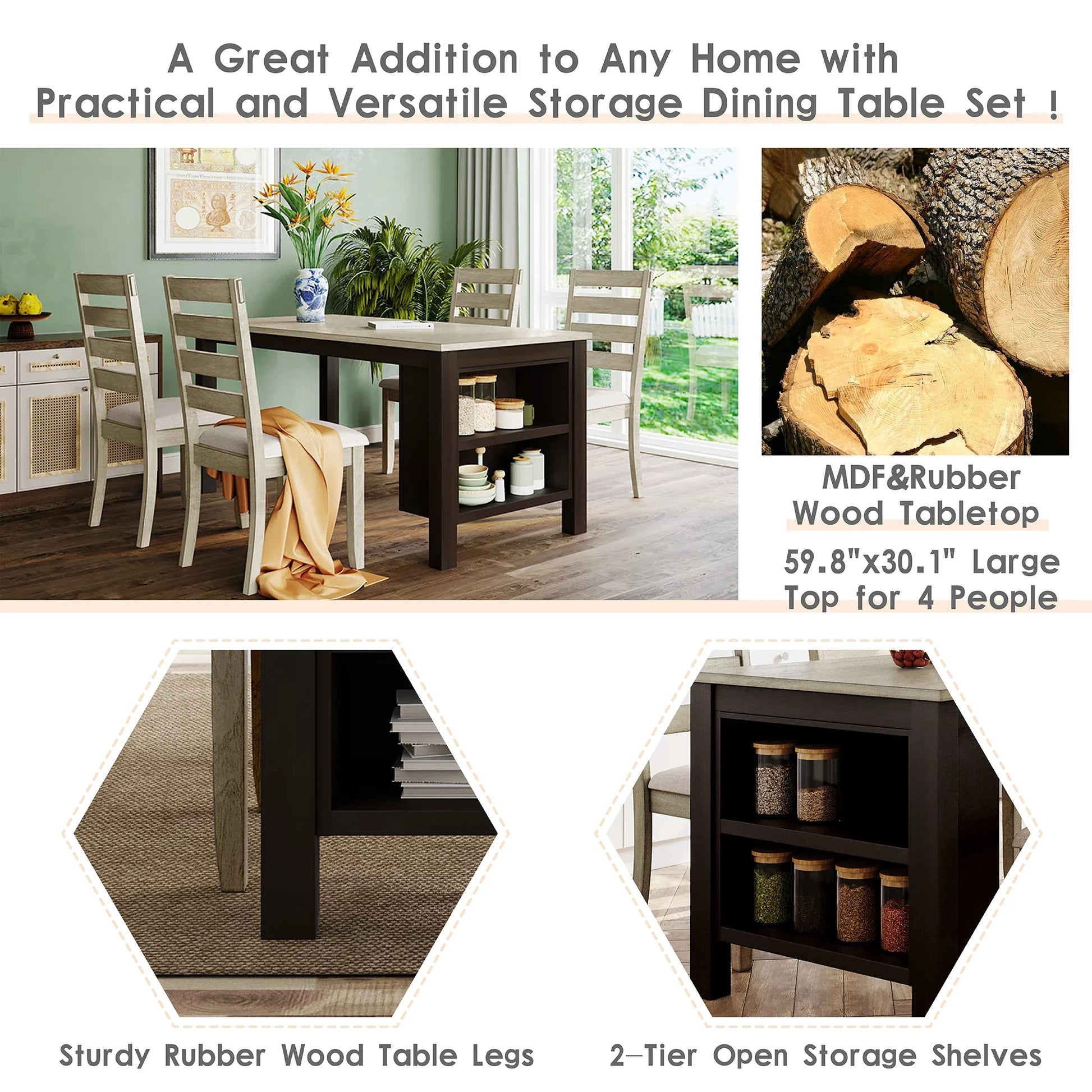 EUROCO Farmhouse Wood 59.8" 5-Piece Dining Table Set with 2-Tier Storage Shelves,Kitchen Set for 4 with Padded Dining Chairs, Beige