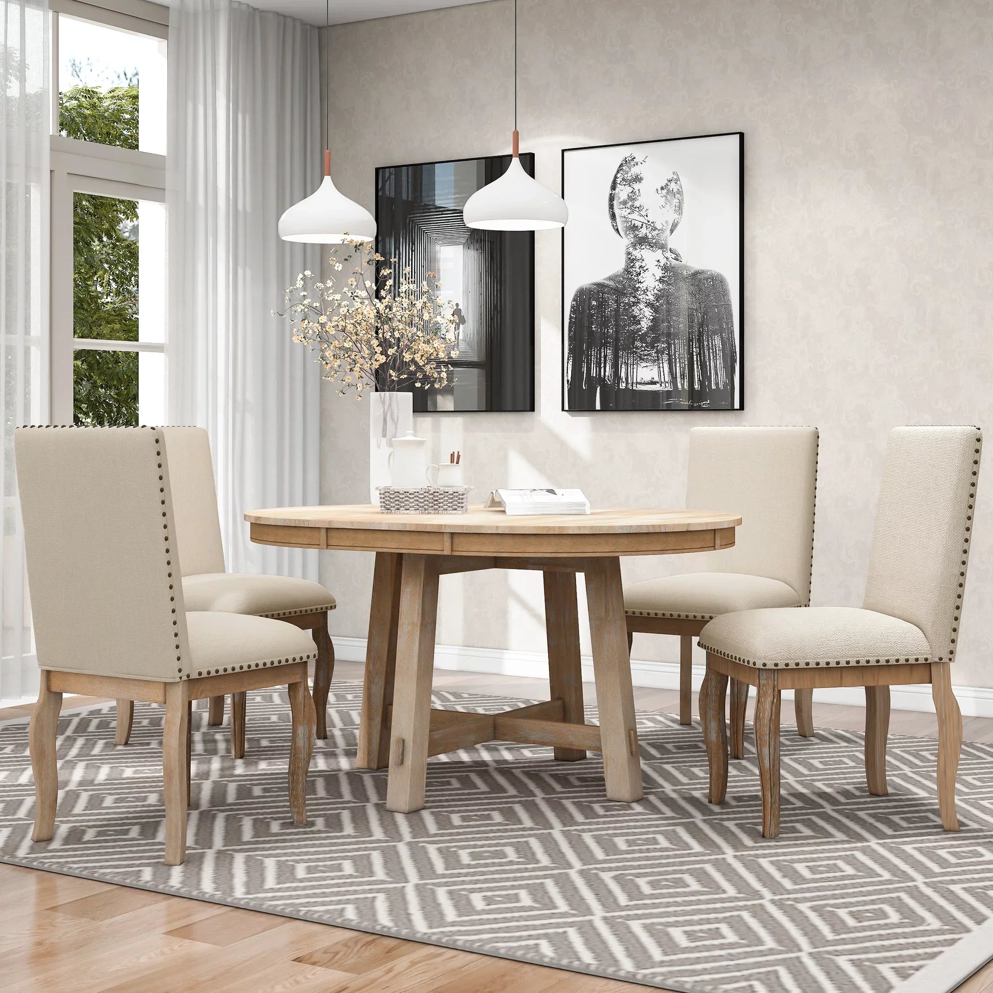 Euroco 5-Piece Farmhouse Dining Table Set Wood Round Extendable Dining Table and 4 Upholstered Dining Chairs (Natural Wood Wash)