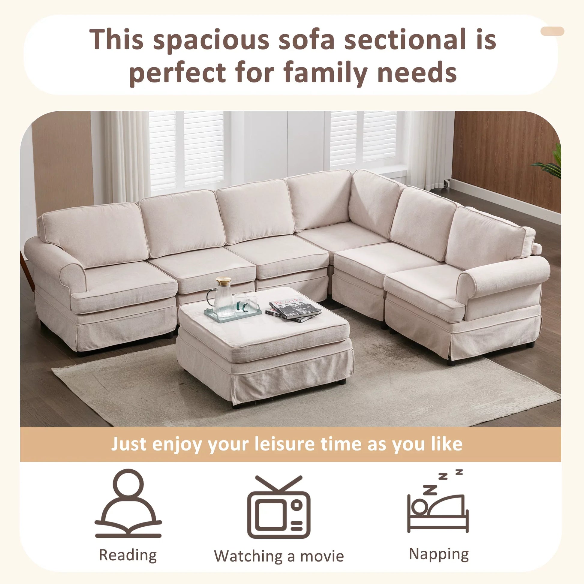 Euroco Fabric Sofa L shaped Upholstered Modular Sofa Collection, Sectional Couch with Removable Ottoman for Living Room, Beige, 108" x 84"