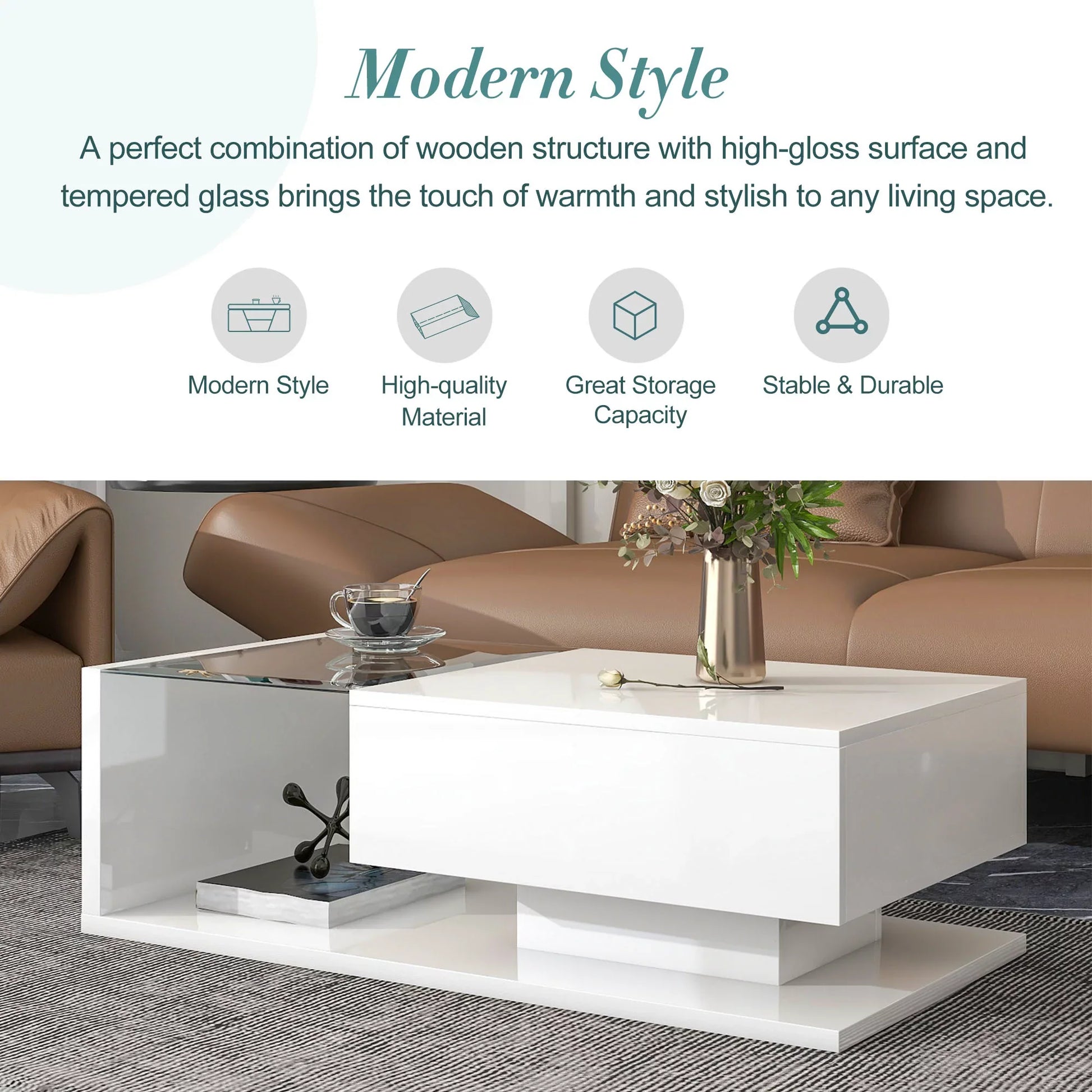 EUROCO 39.3" Coffee Table with Tempered Glass, Wooden Cocktail Table with High-gloss UV Surface, Modernist 2-Tier Rectangle Center Table for Living Room, White