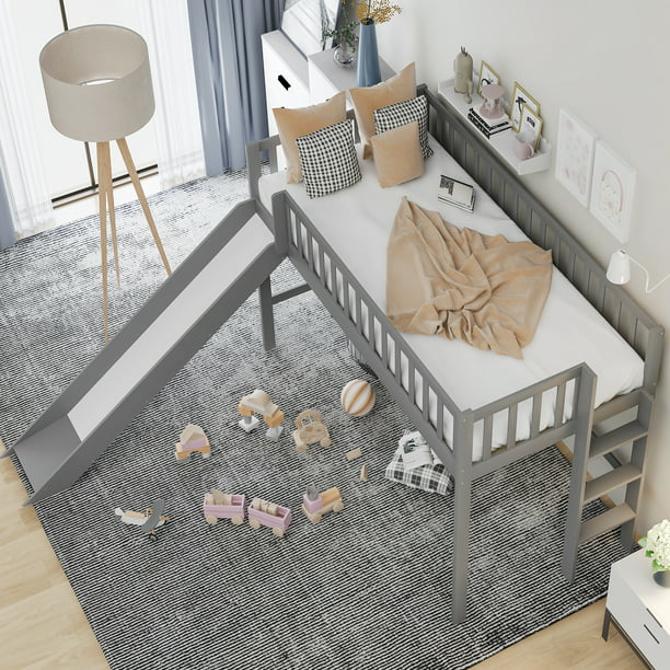 Euroco Wood Low Twin Loft Bed with Vertical Ladder and Slide, Gray