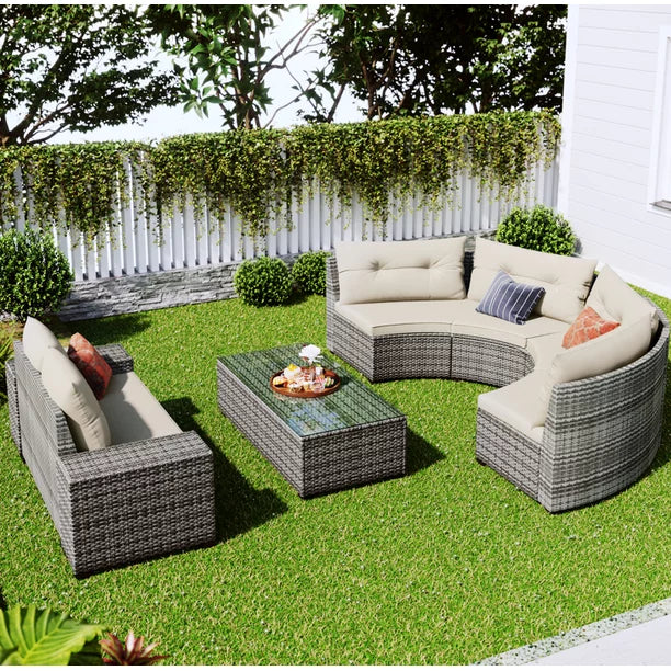 Euroco 8-pieces Outdoor Wicker Sofa Set, Curved Sofa Set With Glass Coffee Table, Half-Moon Sectional Sets PE Rattan Water-resistant and UV Protected, Beige