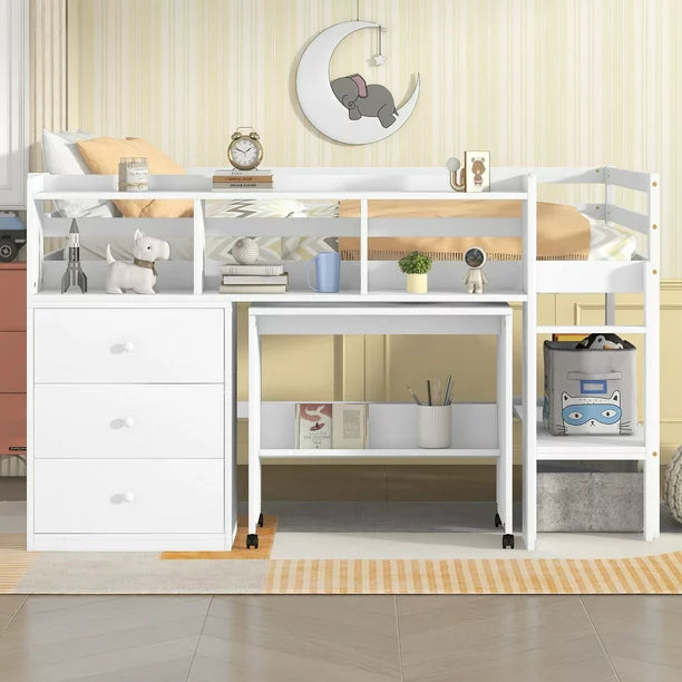 Full Size Pine Wood Loft Bed with Desk, Drawers and a Shelf for Kids Room, White