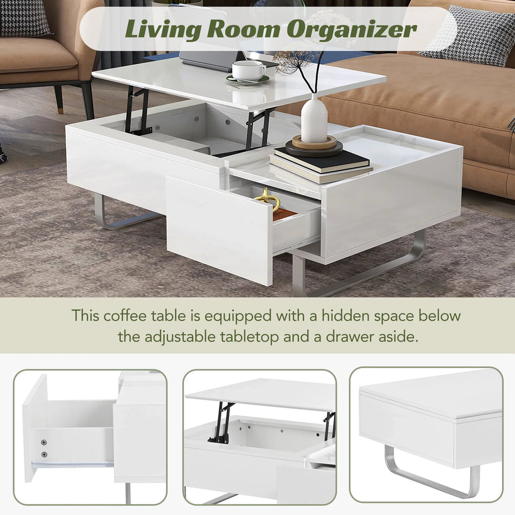 EUROCO Modern 45.3" Rectangle High-gloss Lift Top Coffee Table with Drawer,White