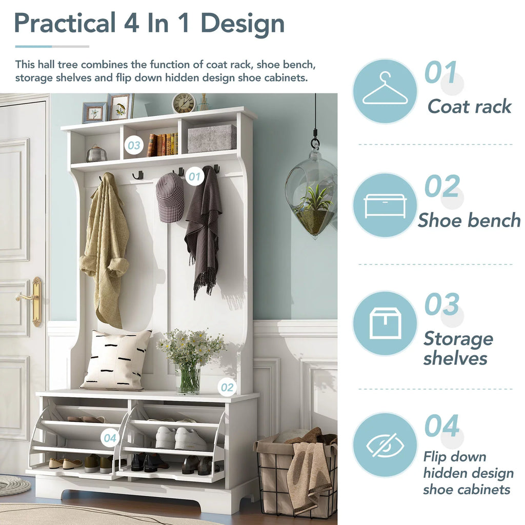 EUROCO 70.8” Large Entryway Hall Tree with Storage Bench and Coat Rack, 2 Flip Shoe Storage Drawers, 4 Hooks,3 Shelves,White