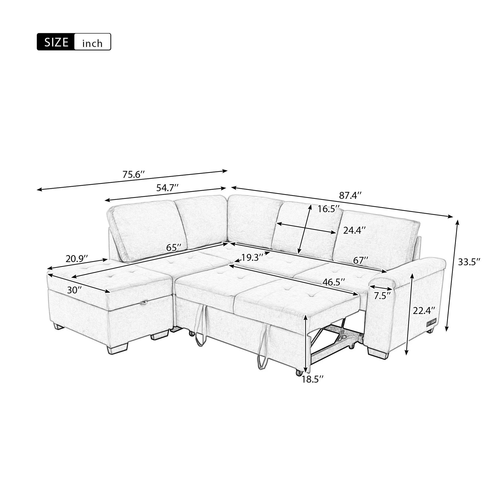 Euroco L-Shape Sofa Bed with Storage Ottoman and Hidden Arm Storage, Sectional Sofa Sleeper with USB Port for Living Room Apartment, Gray