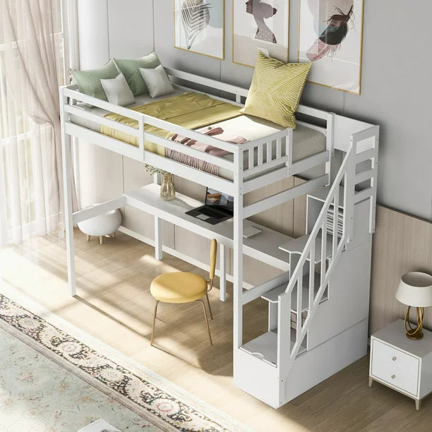 EUROCO Twin Size Loft Bed with Storage Staircase and Built-in Desk, White