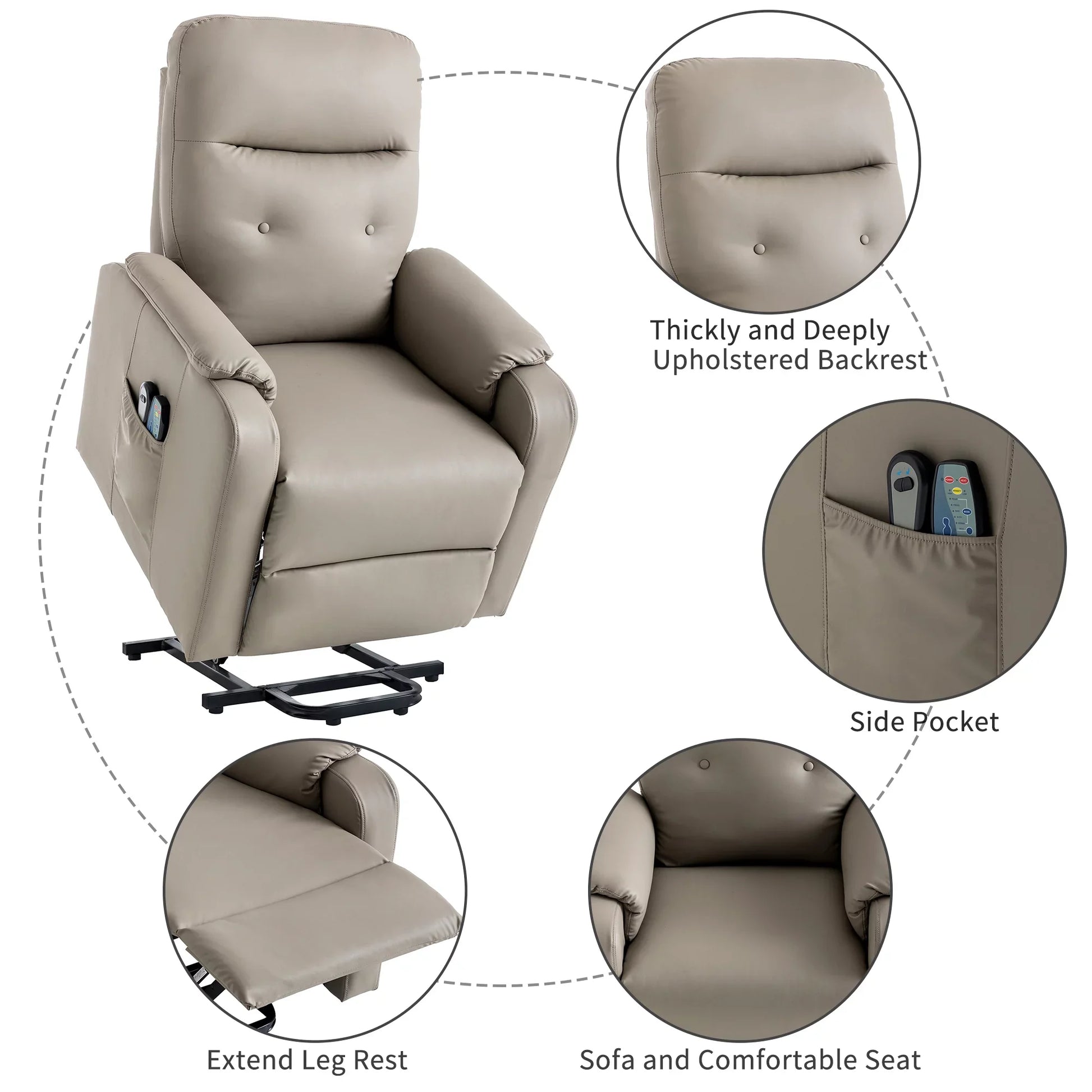 EUROCO Power Lift Recliner Chair Recliners for Adults and Seniors with Heat and Massage PU Leather Recliner Chair for Living room with Side Pocket,Grey