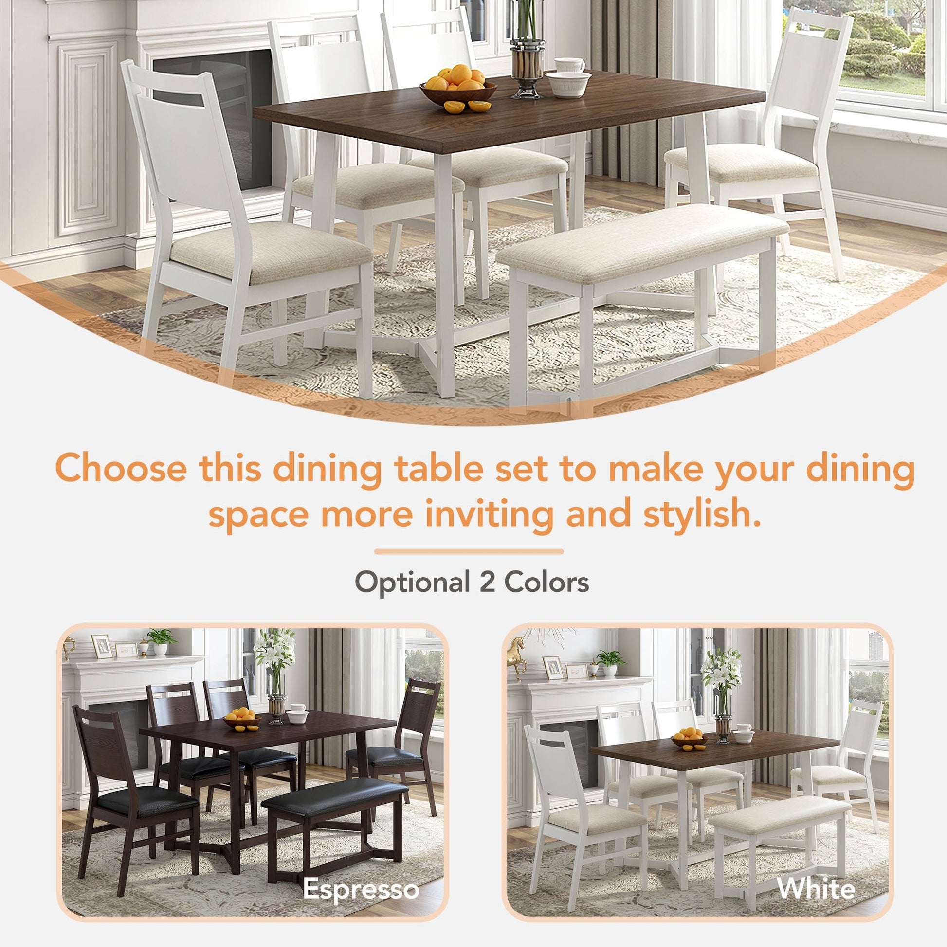 Farmhouse 6-Piece 59" Wood Dining Table Set with 4 Upholstered Chairs and Bench, White