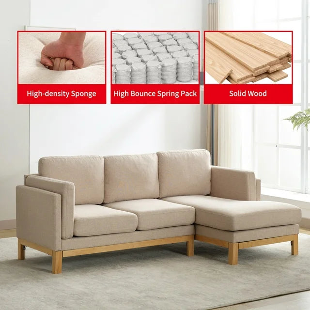 Puremind 84" Sectional Sofa Couch, L Shaped 3-Seat Small Couch for Living Room/Apartment, Modern Upholstered Linen Fabric Sofa with Wide Chaise Lounge, Beige